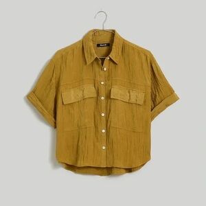Madewell Crinkled Utility Short Sleeve Shirt in Spiced Olive | Size Medium